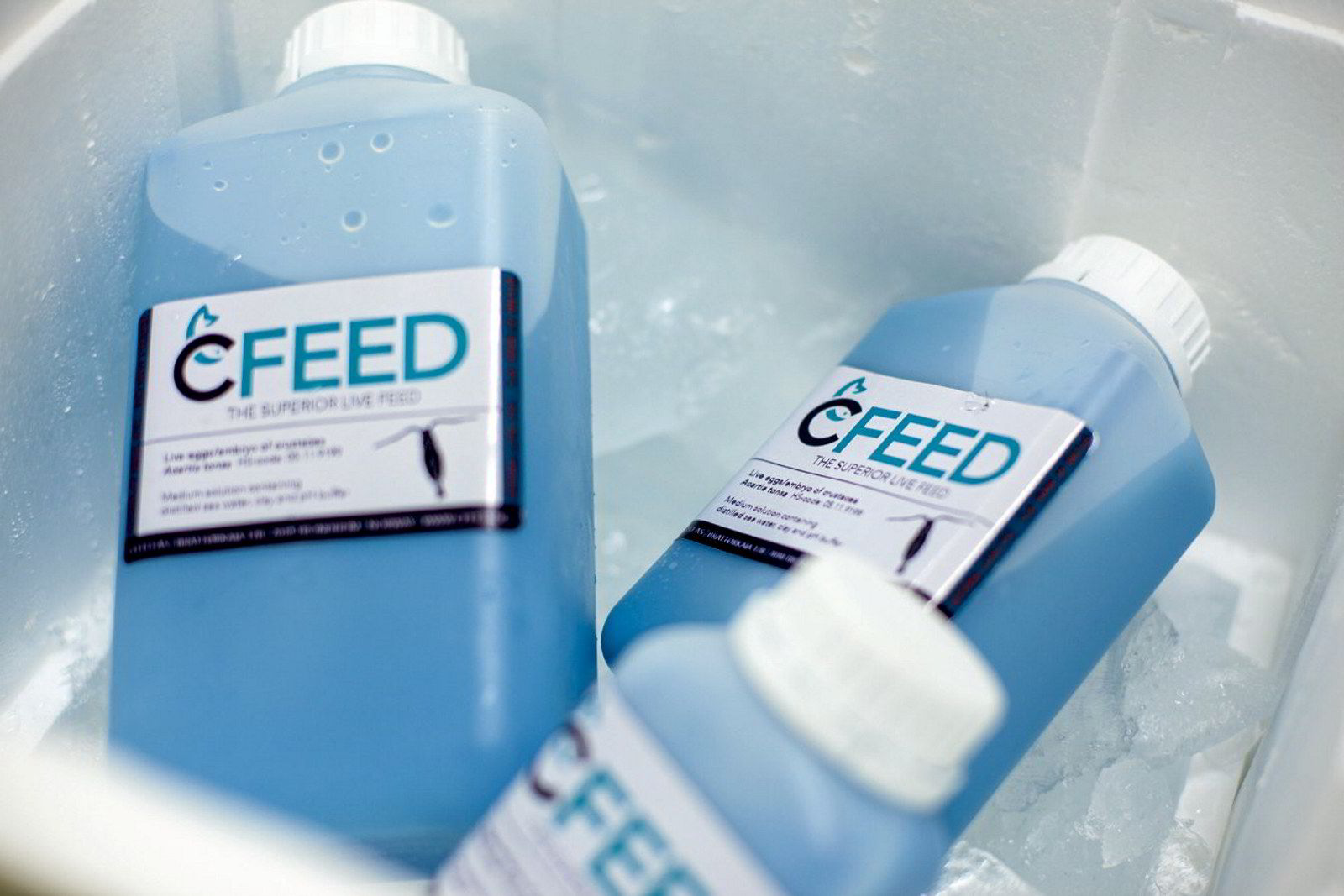 Blue bottle of fish food called C-Feed.