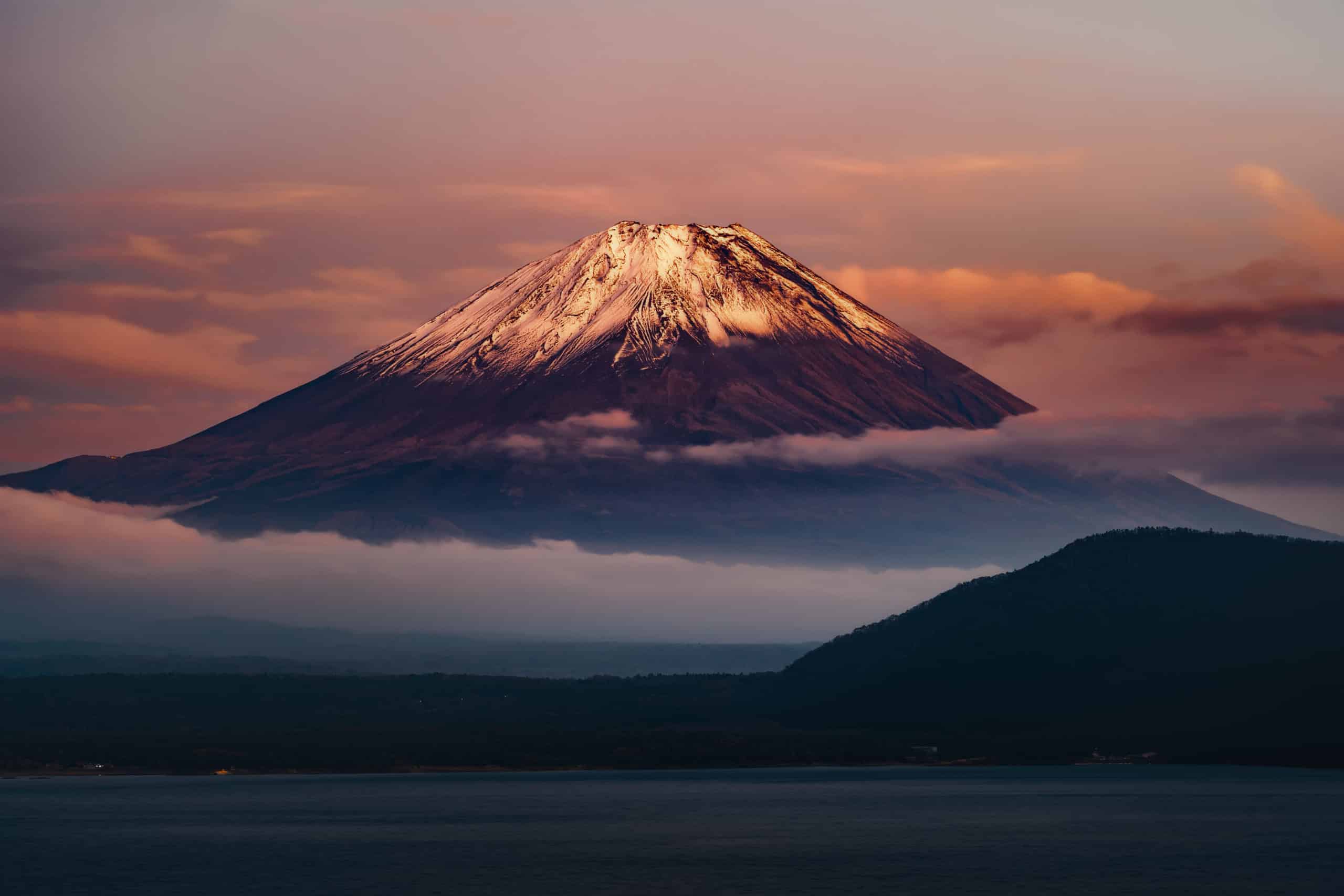 Beautiful dawn landscape of Fuji mountain with Kawaguchiko lake, Japan.