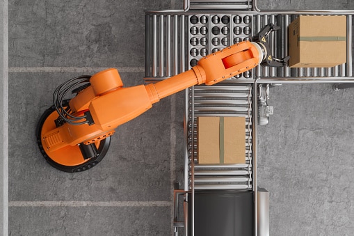 Top View Of Robotic Arm Working On Conveyor Belt In Smart Warehouse.
